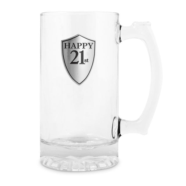 Beer mug for 21st birthday celebration with a pewter badge and elegant handle, perfect gift for milestone parties.