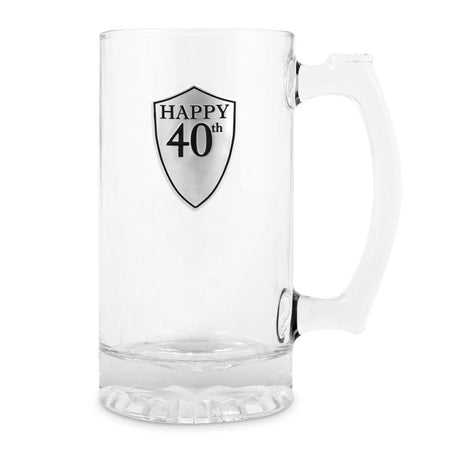 Stunning beer mug for 40th birthday, featuring elegant design and unique pewter badge, perfect for celebrating milestones.