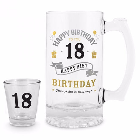 Hand-blown 18th Shot and Stein Set featuring intricate designs, perfect for celebrating milestone birthdays in style.