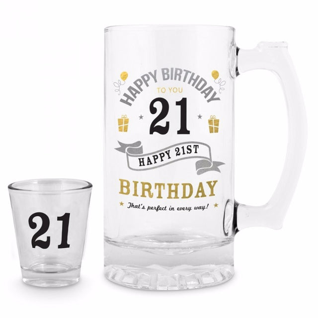 Vibrant 21st Shot and Stein Set, hand blown and painted for elegant celebrations and unforgettable memories.