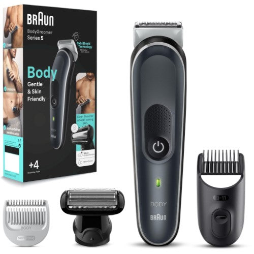 Braun BG5370 Body Groomer in black, featuring SkinShield technology for smooth, safe grooming from chest to groin.