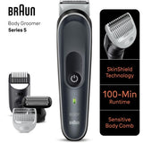 Braun BG5370 Body Groomer in black, featuring SkinShield technology for safe, comfortable grooming from chest to groin.