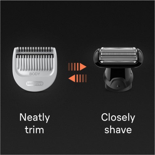 Braun BG5370 Body Groomer in black, featuring SkinShield technology, adjustable lengths, and a waterproof design for versatile grooming.