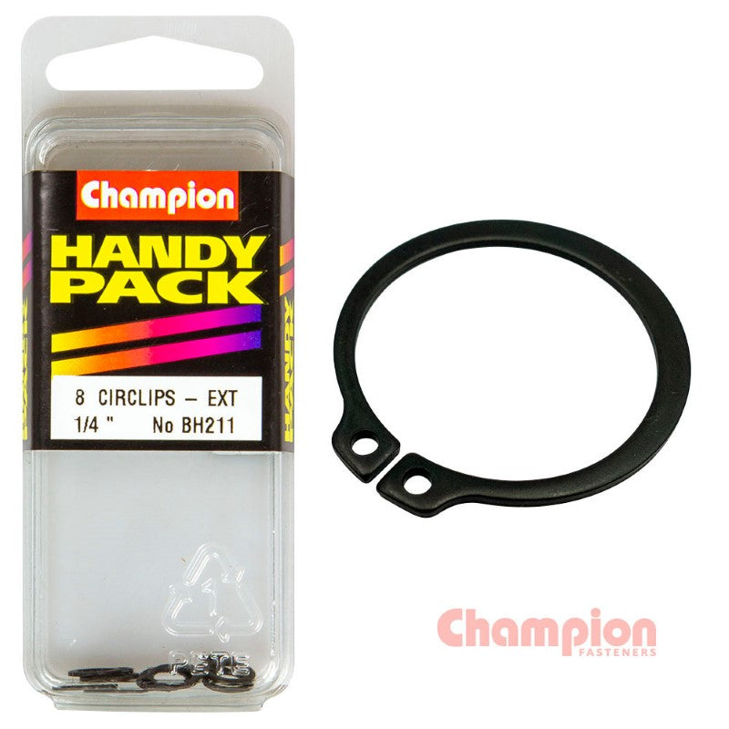 External circlips for securing components; 1/4in size, pack of 8, durable for mechanical assemblies and automotive repairs.