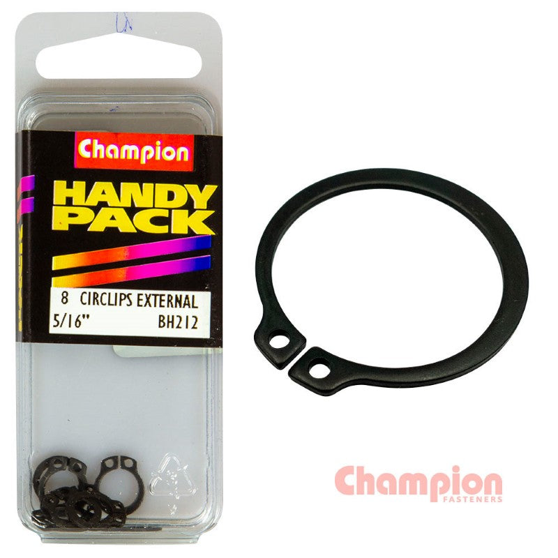 High-quality 5/16 inch external circlips for securing components, pack of 8, ideal for automotive and machinery applications.