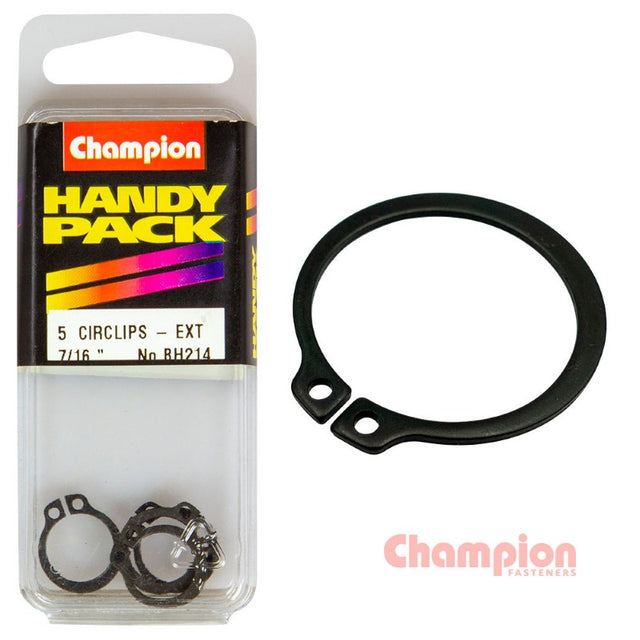 Durable 7/16in external circlips for securing components on rotating shafts, 5-pack, ideal for automotive and industrial use.