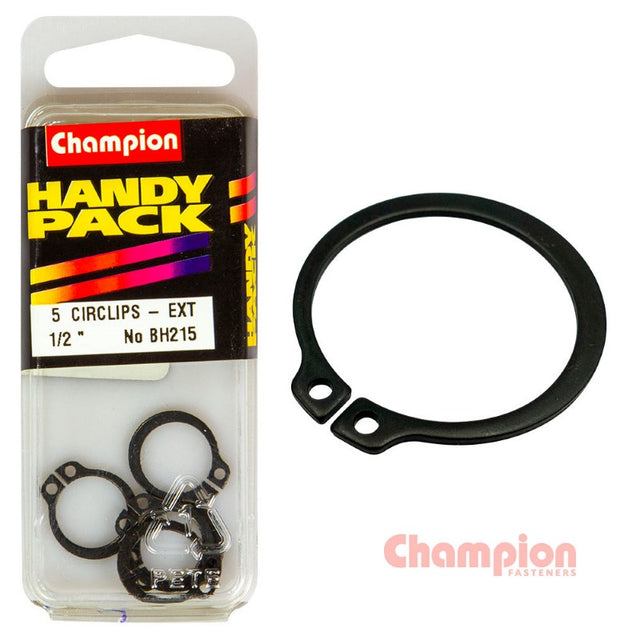 External circlips for 1/2 inch shafts, pack of 5, ideal for secure fastening in automotive and industrial applications.