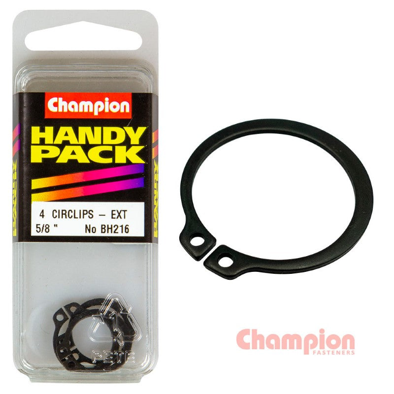Champion Circlips for external shafts, 5/8in size, pack of 4, essential for securing machinery components reliably.