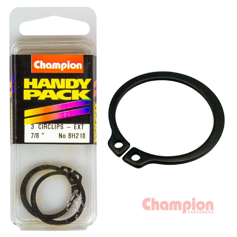 Champion Circlips for 7/8in shafts, designed for secure fastening in automotive and industrial applications. Pack of 3.