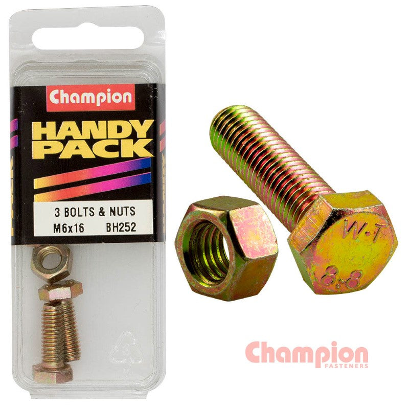 High-tensile Champion hex set screws M6 x 16mm with nuts, ideal for secure fastening in construction and automotive projects.