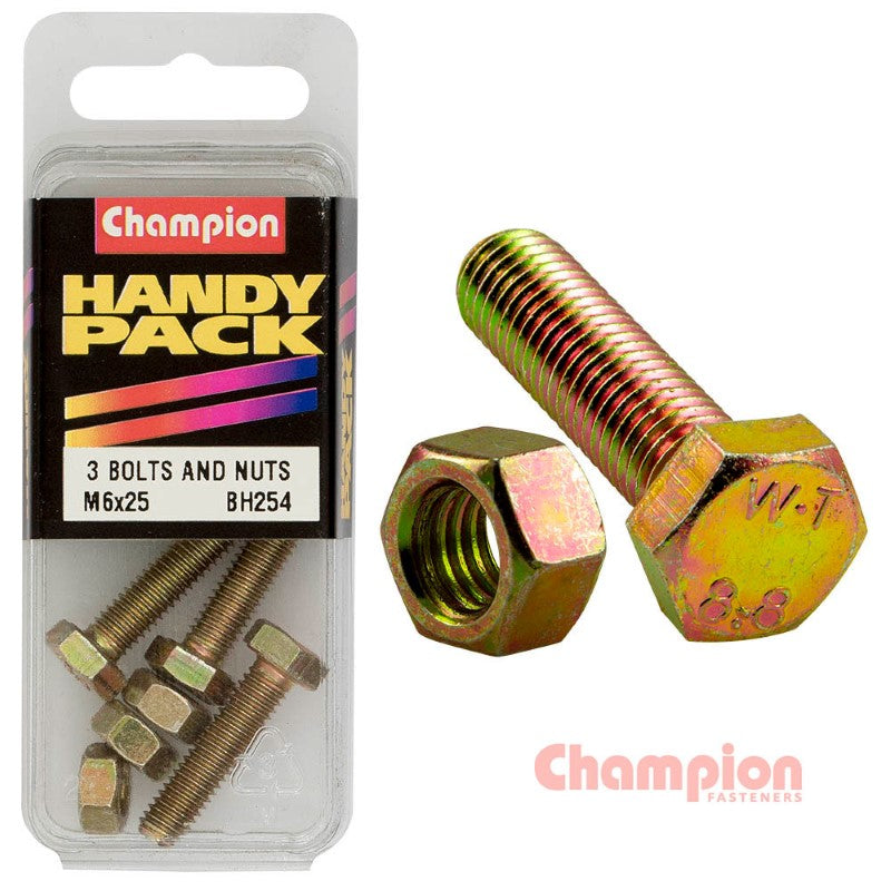 Champion Hex Set Screws M6 x 25mm and Nuts M6 x 1mm, durable GR 8.8 material for high-tensile fastening in various projects.
