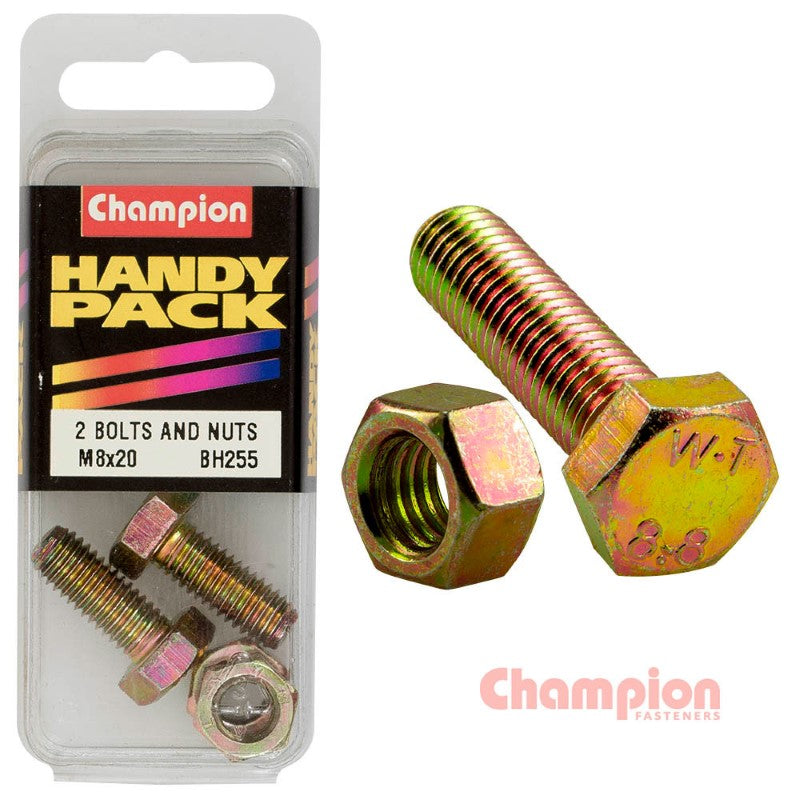 Champion Hex Set Screws and Nuts for robust fastening, featuring 8mm x 20mm screws and 1.25mm threaded nuts, perfect for DIY.