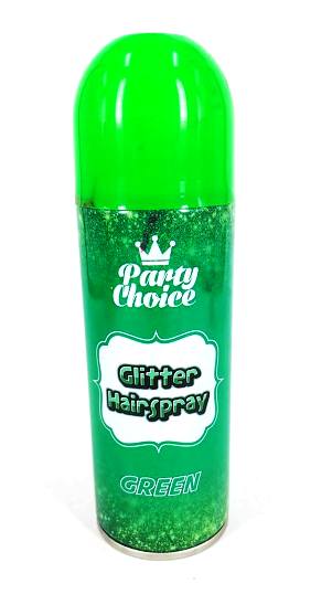 Green glitter hair spray, 200ml, ideal for enhancing fancy dress looks with a sparkly finish and easy washout.