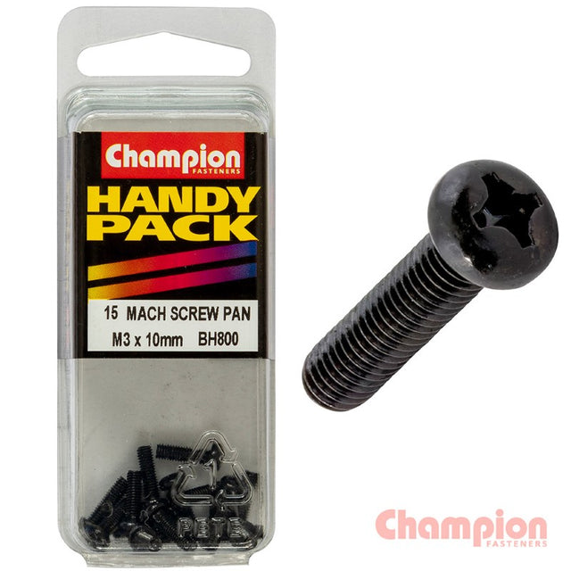 Black M3 x 10mm machine screws with pan head and Phillips drive, ideal for DIY, woodworking, and metalworking tasks. Pack of 15.