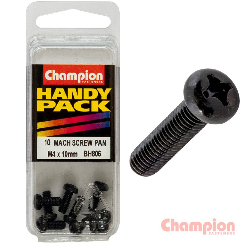 Champion Black Machine Screws M4 x 10mm with pan head, Phillips drive, durable zinc finish, pack of 10. Perfect for versatile projects.