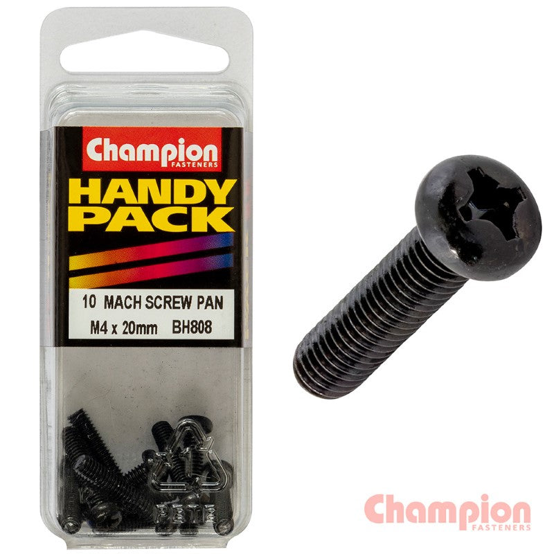Champion Black Machine Screws - M4 x 20mm: durable zinc-plated screws with pan head, Phillips drive, pack of 10 for versatile use.