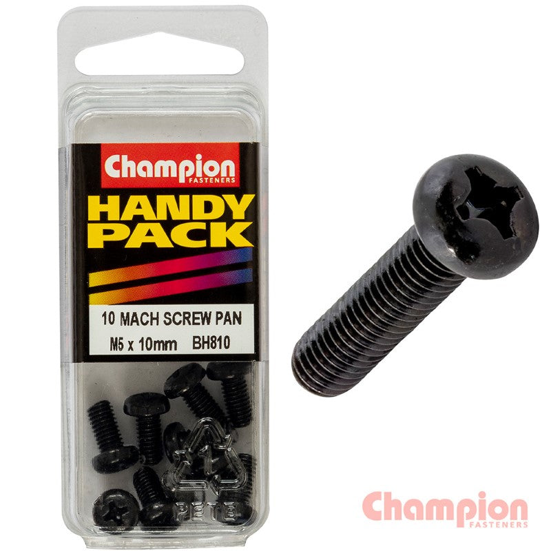 Champion Black Machine Screws M5 x 10mm, zinc plated, pan head, Phillips drive, 10-pack for woodworking and machinery.
