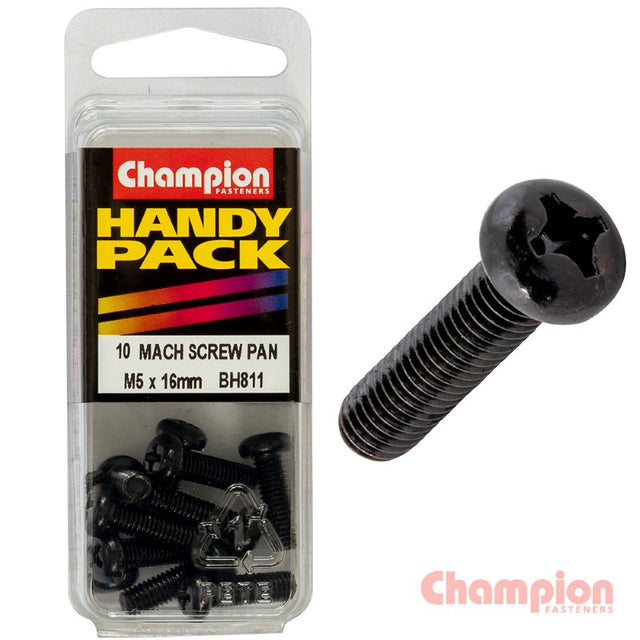 Champion Black Machine Screws - M5 x 16mm in sleek black with pan head design, ideal for DIY and professional projects.