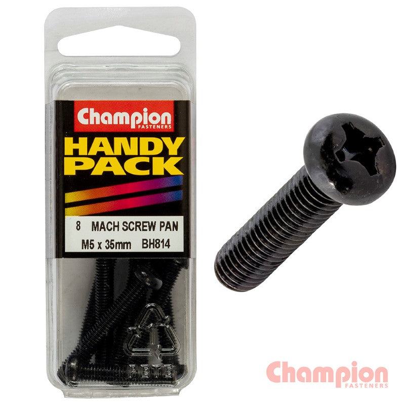 Champion Black Machine Screws, M5 x 35mm, zinc plated, pan head, Phillips drive, pack of 8, ideal for versatile applications.