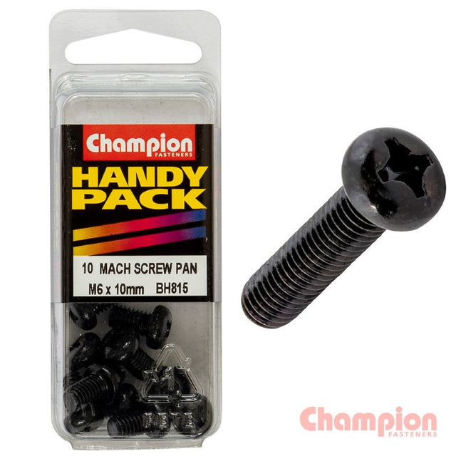 Champion Black Machine Screws M6 x 10mm with pan head, zinc-plated finish, and Phillips drive, ideal for various fastening tasks.