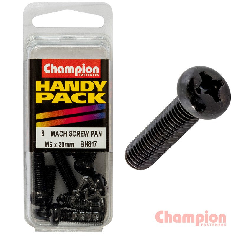 Black M6 x 20mm machine screws with pan head design, Phillips drive, and zinc plating; pack of 8 for durable fastening.