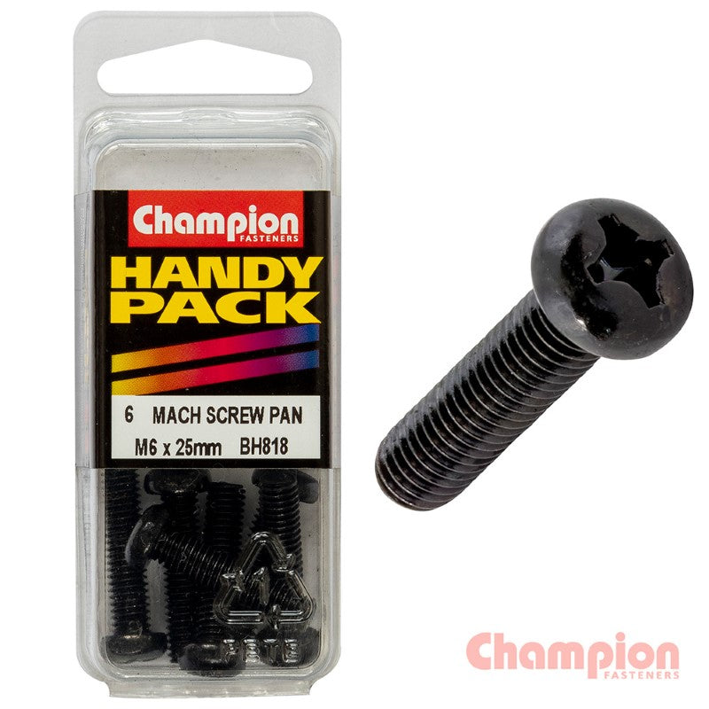 Champion Black Machine Screws M6 x 25mm with pan head, Phillips drive, zinc plated finish, ideal for versatile fastening needs.
