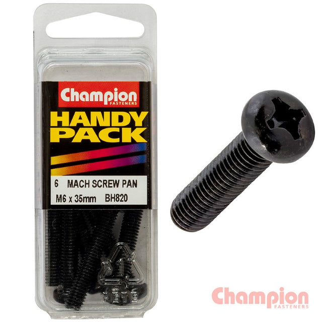 Black M6 x 35mm machine screws pack, zinc-plated, rust-resistant, pan head, Phillips drive for reliable fastening.