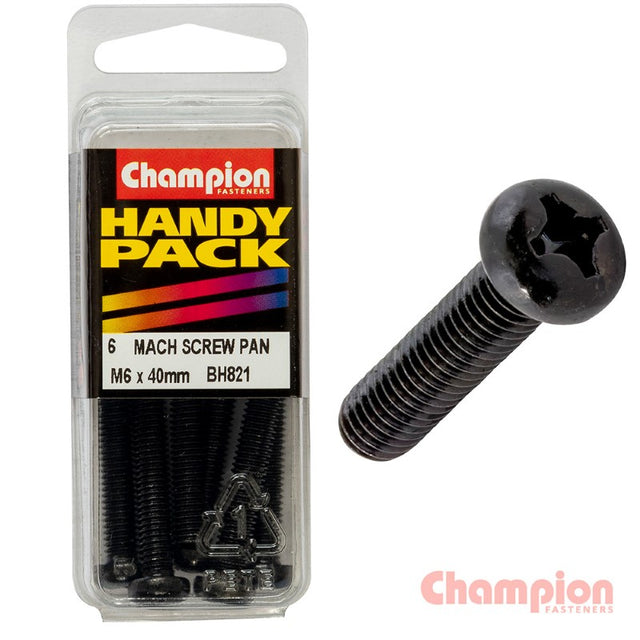 Champion Black Machine Screws M6 x 40mm in a pack of 6, featuring pan head, Phillips drive, and zinc plating for corrosion resistance.