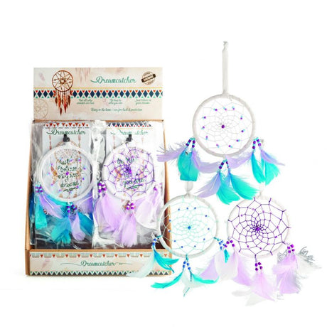 Handmade beaded dreamcatchers in assorted colors, featuring feathers and intricate designs for spiritual decor and gifting.