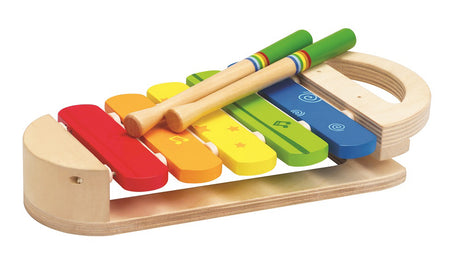 Colorful Hape Rainbow Xylophone for toddlers, promoting music, fine motor skills, and cognitive development through play.