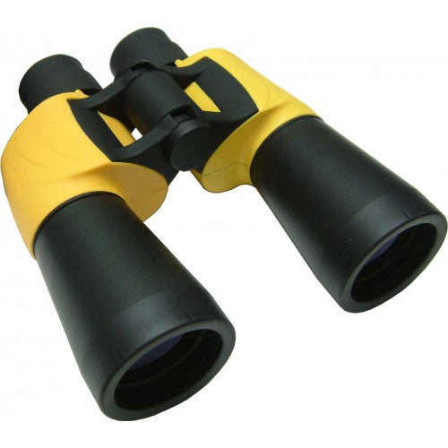 Tristar 7x50 binoculars in yellow and black, featuring self-focusing, 115m field of view, and lightweight Porro Prism design.