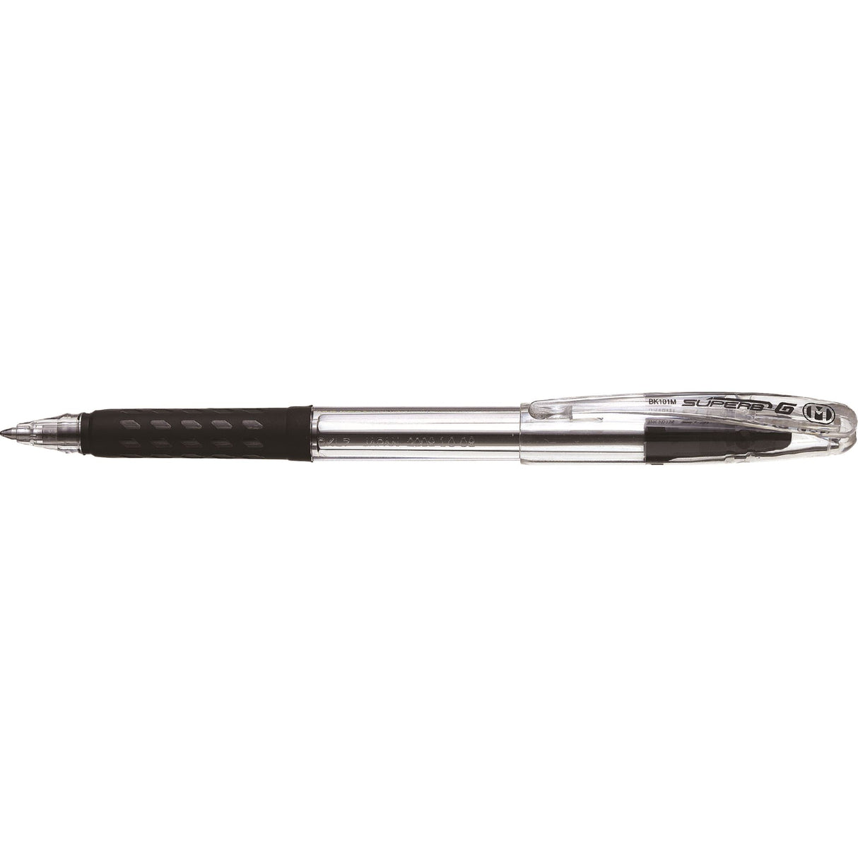 PENTEL HyperB G ballpoint pen in black, pack of 12, featuring a 1.0mm tip, transparent barrel, and comfortable grip.