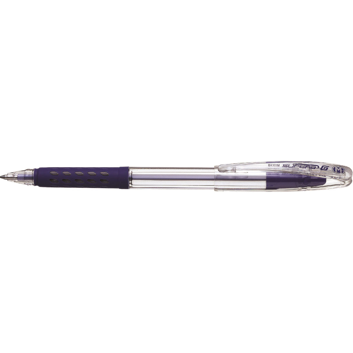 Pack of 12 Pentel Superb G Ballpoint Pens with rubber grip, 1.0mm line width, and transparent barrel for visible ink levels.