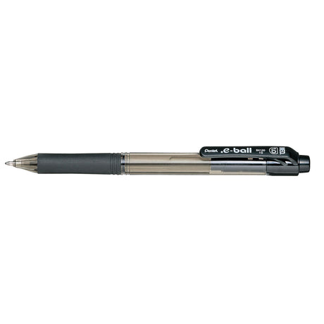 PENTEL E-BALL retractable ballpoint pen pack of 12 in black, featuring ergonomic grip and 1200m writing distance.