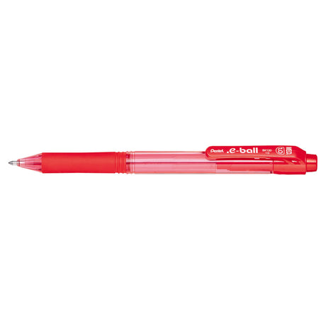 Vibrant red PENTEL E-BALL retractable ballpoint pens, pack of 12, featuring a 1.0mm tip and comfortable rubber grip.