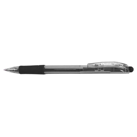 Set of 12 Pentel Wow Retractable Ballpoint Pens in black, featuring a slim design, rubber grip, and smooth 0.7mm writing.