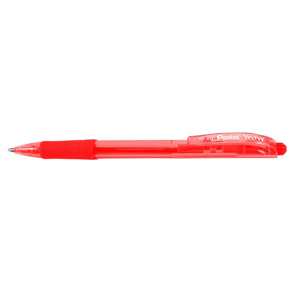 Vibrant red Pentel Wow retractable ballpoint pens 0.7mm, pack of 12, featuring slim design and comfortable grip for smooth writing.