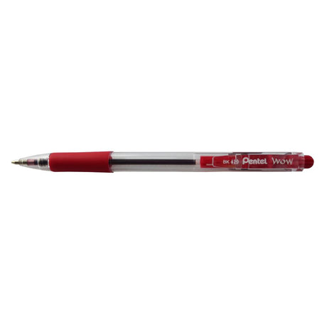 Pentel Wow retractable red ballpoint pens with 1.0mm tip, pack of 12, featuring slim barrel and rubber grip for smooth writing.