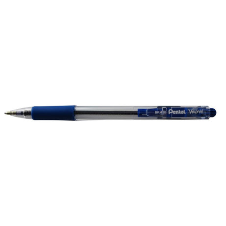 PENTEL WOW retractable ballpoint pens in blue, featuring an ergonomic grip, slimline barrel, and pocket clip, pack of 12.