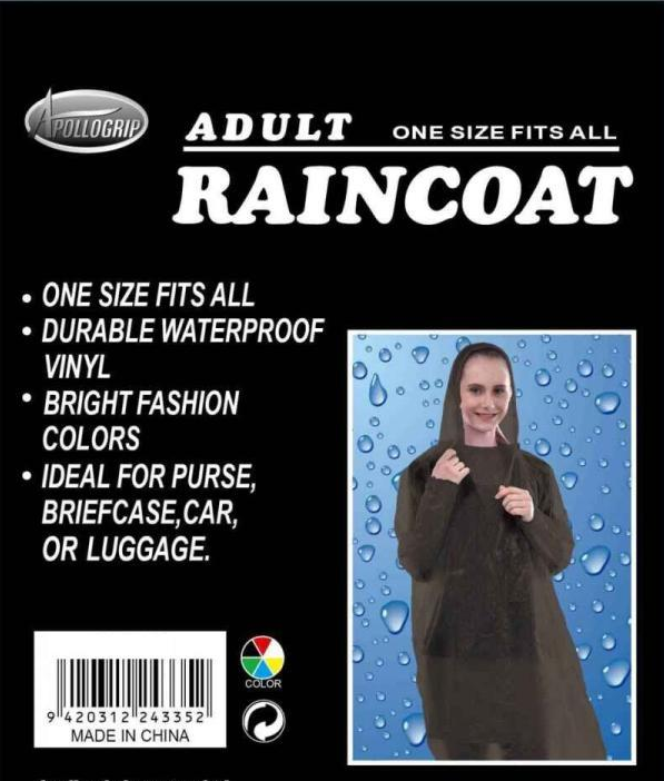 Lightweight black disposable plastic raincoat, ideal for outdoor activities, providing waterproof protection and one-size-fits-all convenience.
