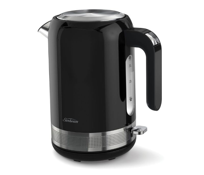 Sleek black 1.7L electric kettle with 360-degree base, easy-fill lid, and stylish design for modern kitchens.