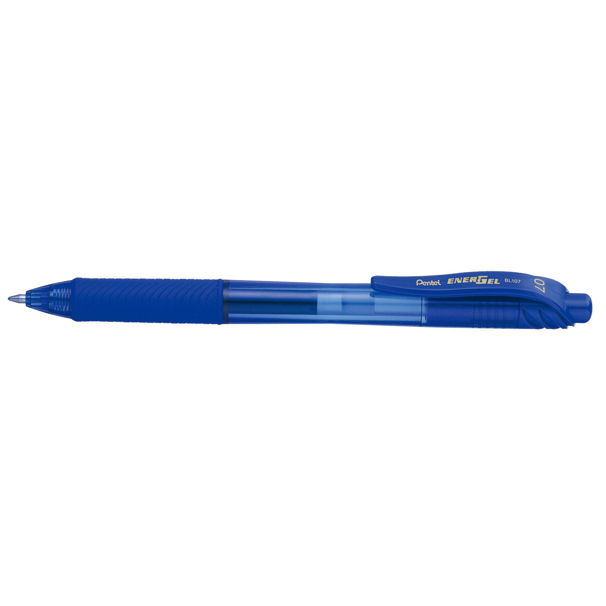 Pack of 12 Pentel EnerGel-X blue gel roller pens with a 0.7mm tip, featuring quick-drying ink and ergonomic rubber grip.