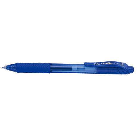 Pack of 12 Pentel EnerGel-X blue gel roller pens with a 0.7mm tip, featuring quick-drying ink and ergonomic rubber grip.