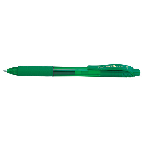 Green PENTEL ENERGEL-X Gel Roller Pen 0.7mm with rubber grip, quick-drying ink, and retractable design, 12-pack.