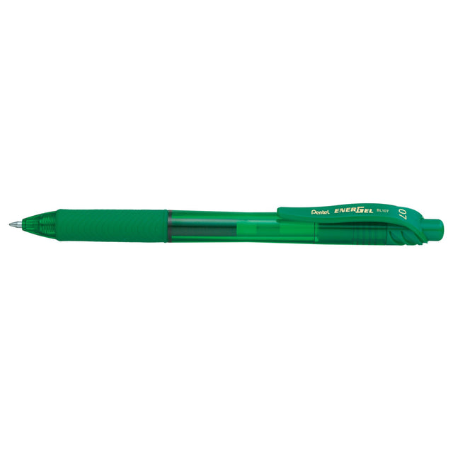 Green PENTEL ENERGEL-X Gel Roller Pen 0.7mm with rubber grip, quick-drying ink, and retractable design, 12-pack.