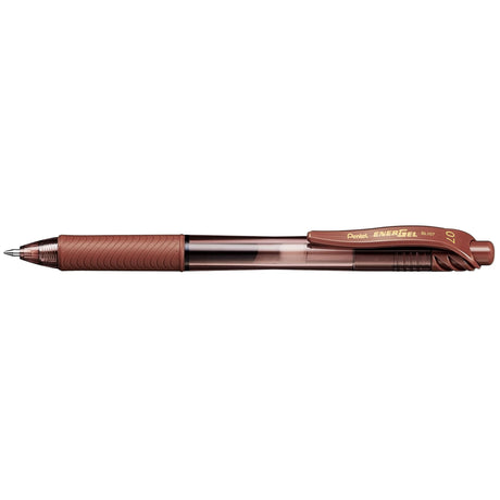 Pack of 12 PENTEL ENERGEL X Gel Pens in brown, featuring a smooth 0.7mm nib and quick-drying, eco-friendly ink.