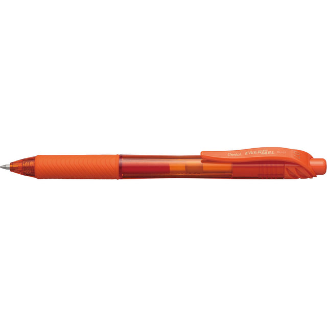 A pack of 12 orange PENTEL Energel-X retractable gel pens featuring smooth ink and a comfortable grip for effortless writing.