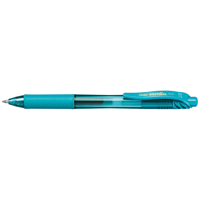 Turquoise pack of 12 PENTEL ENERGEL X gel pens featuring smooth, fast-drying ink and comfortable grip for writers and artists.