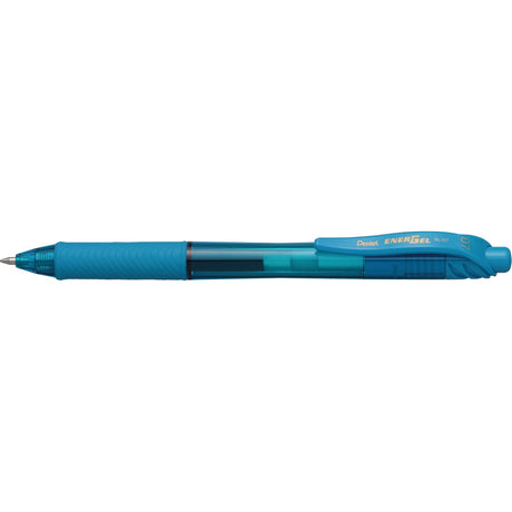 Sky blue Pentel EnerGel-X gel roller pens in retractable design pack of 12, featuring smooth, fast-drying ink and comfortable grip.