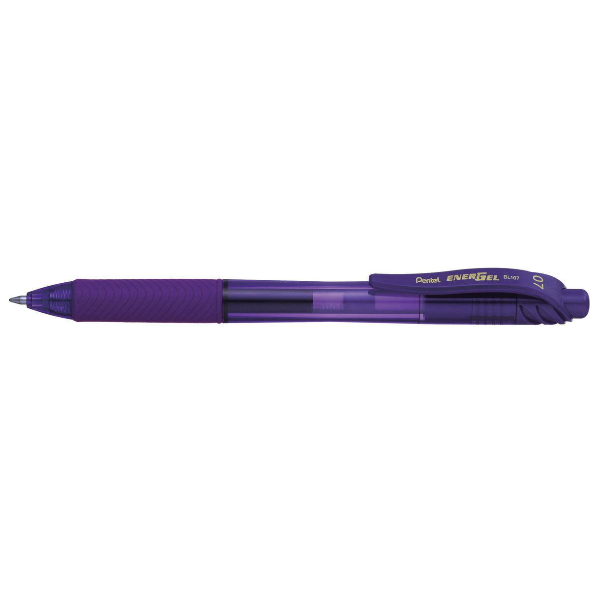 Pack of 12 PENTEL ENERGEL-X violet gel pens with 0.7mm tip, featuring fast-drying ink and ergonomic grip for smooth writing.